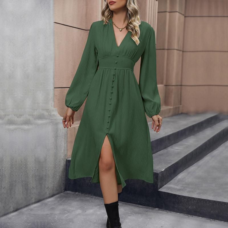 YYFS Women's Fashion Spring Fall Solid Color Print Long Sleeve V-Neck Middle Waistline Casual Dresses