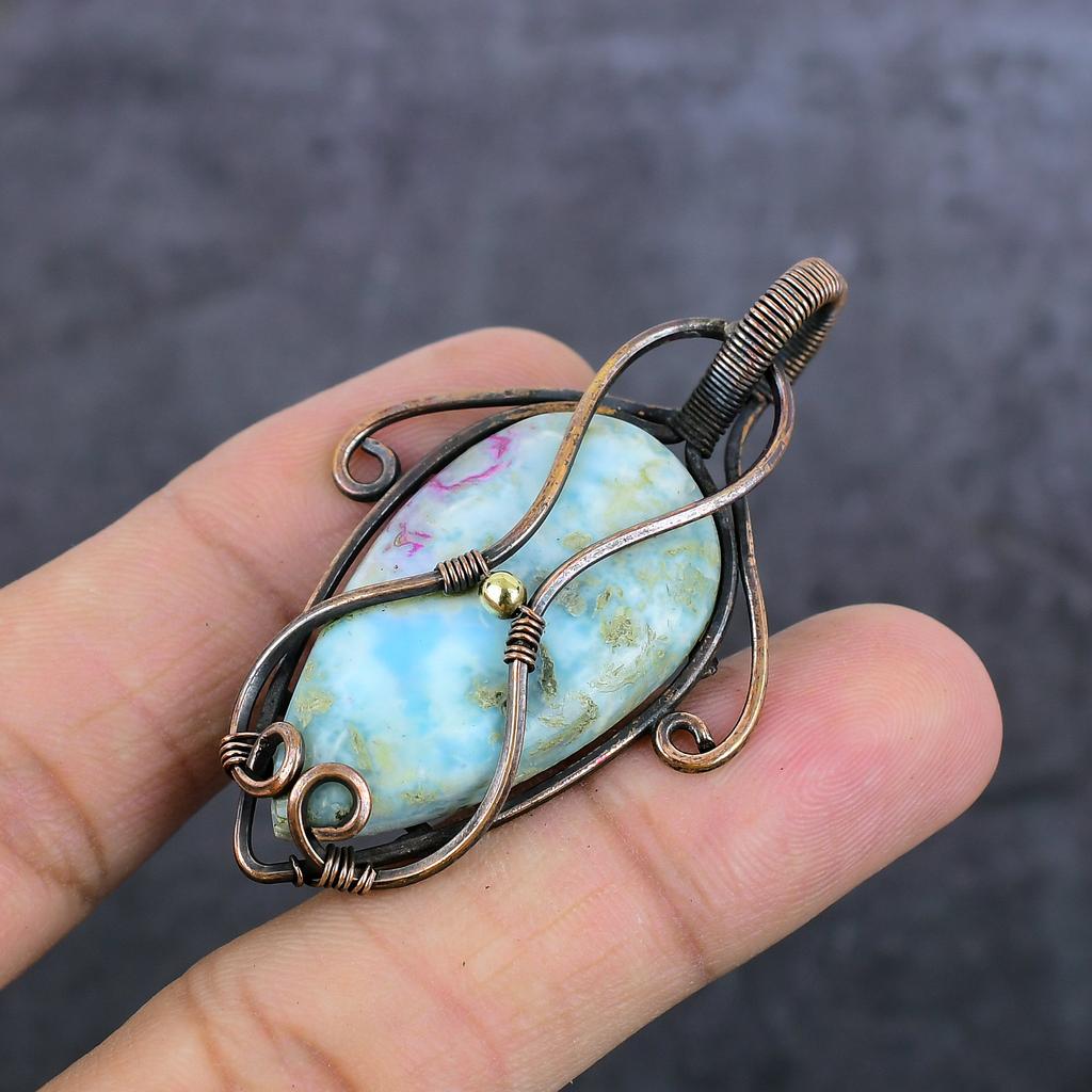 Larimar Handgefertigt Kupferdraht Wicklung Schmuck Anhänger 2,36" B5e34