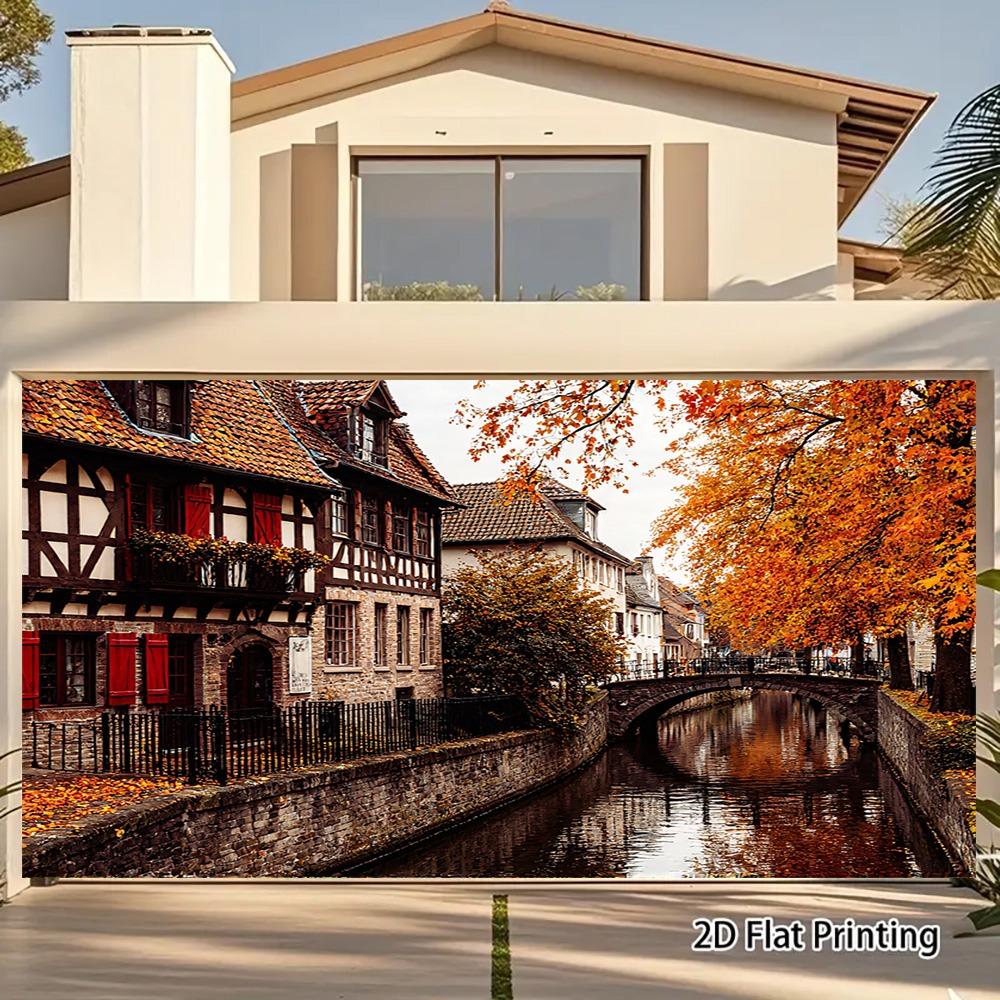 Autumn Canal Town with Half Timbered Houses Wall Tapestry 2D Flat Print European Village Art Nature Decor Home Interior Hanging