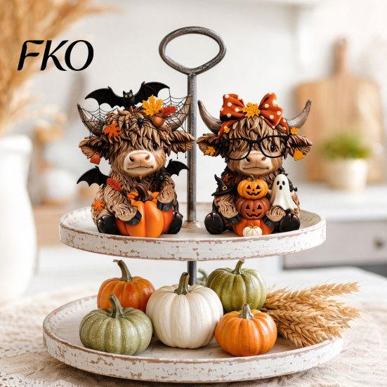 Fine Carving Wood Art 2PCS Highland Cow Ornament, Wooden Rustic Style Figurine, Thanksgiving Home Decoration Theme Art, for Entrance Living Room Decor