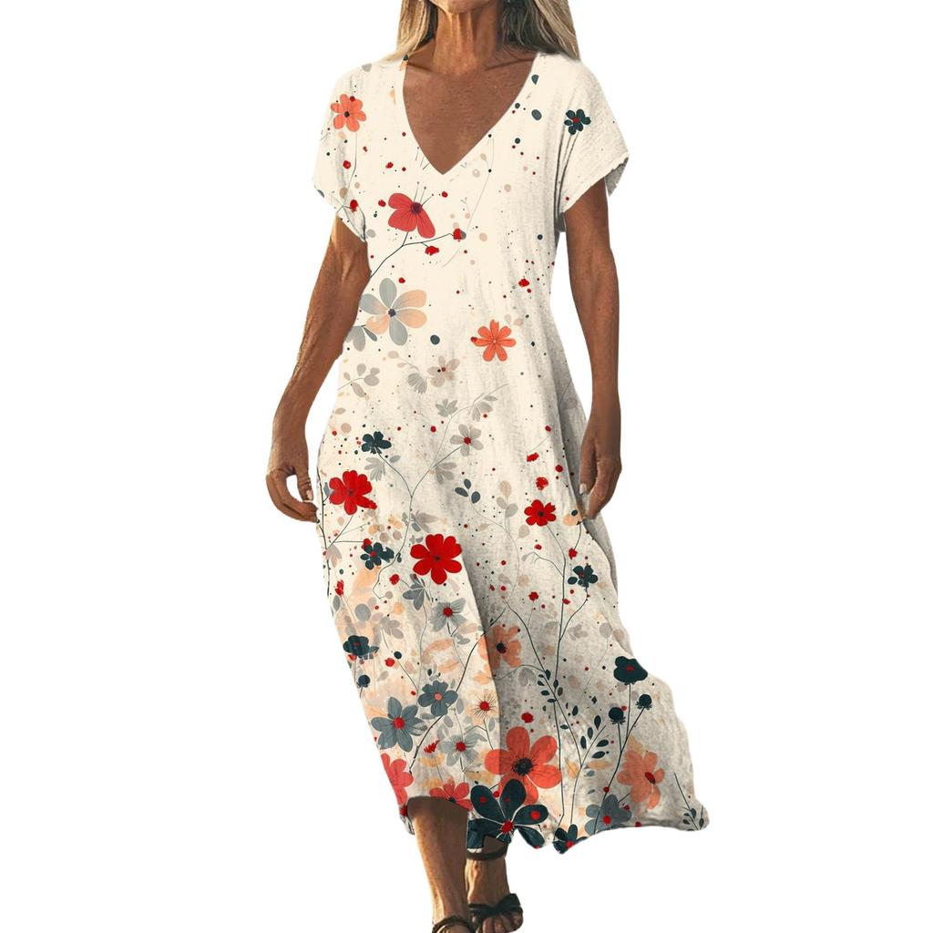 Fashion Women's Summer V-Neck Short Sleeve Floral Print Beach Dress