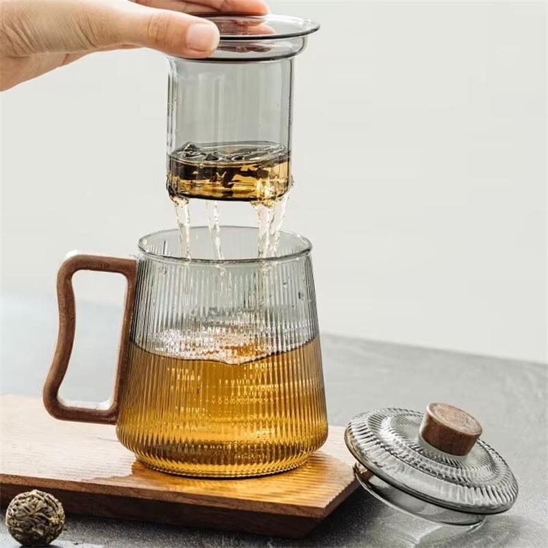 450ml Wooden Handle Vertical Stripe Heat-resistant Glass Tea Cup With Tea Infuser Filter Flower Tea Water Separation Tea Mug