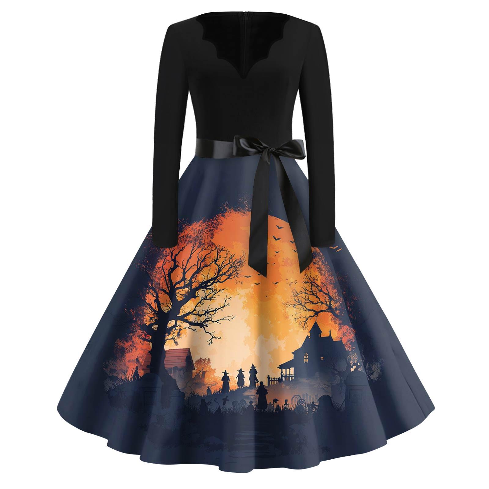Women s Fashion V-Neck Casual Slim Halloween Printed Long Sleeve Dresses XL