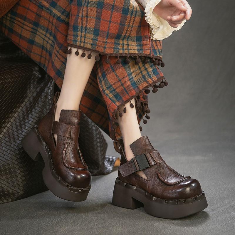 Johnature Commuter Retro Thick Soled High Heels Pumps Versatile Genuine Leather Women's Platform Shoes