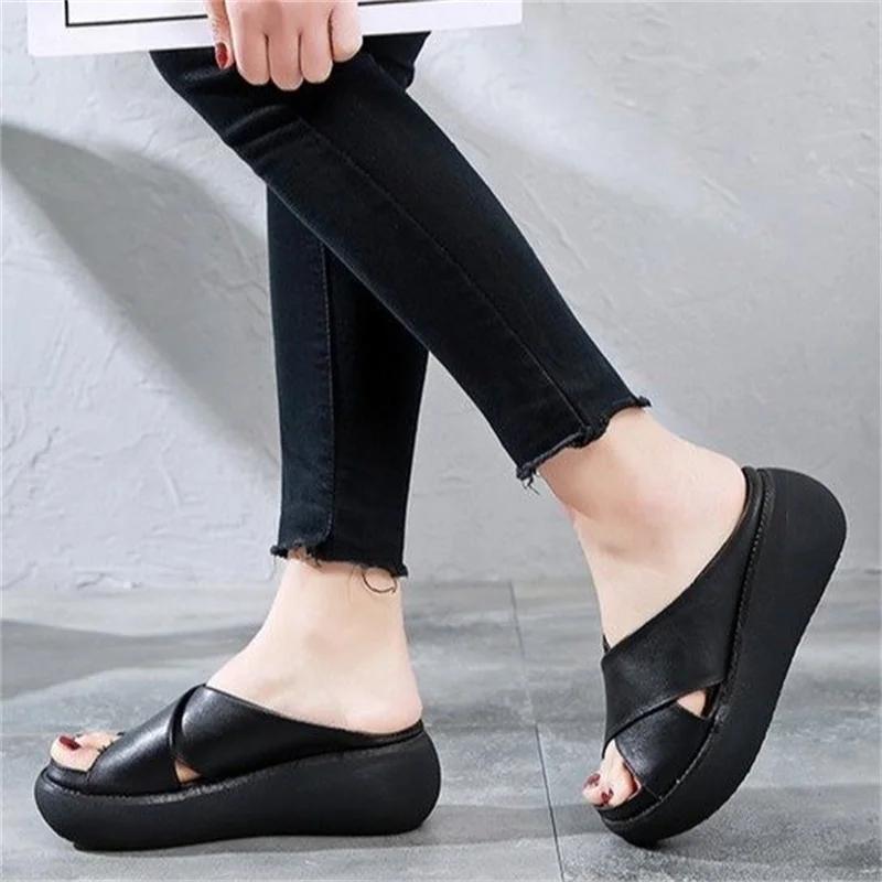 Fashion Women Slippers Soft Leather Wedges Shoes Woman Summer Sandals Beach Flip Flops New Platform Sandalias Mujer Wedge Heels Sandals