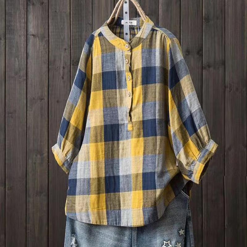 

Двошарова бавовняна пряжа Літня вільна жіноча блузка великих розмірів Ретро з бавовняної пряжі з коротким рукавом Топи з V-подібним вирізом у клітку One Size