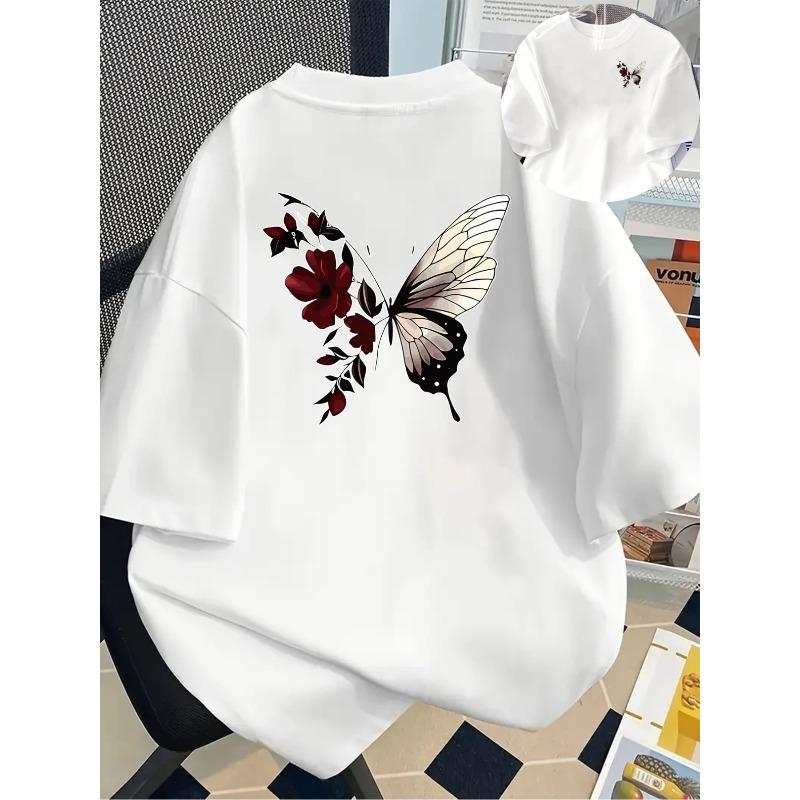 

European sizes A Must-Have for Summer, This Stylish Short-Sleeve Top Features a Butterfly And Red Rose Print, Designed for Women 4XL білий