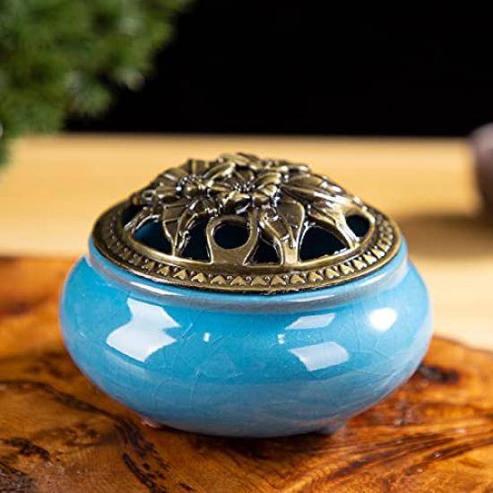 (pont du monde) Ceramic Incense Burner, Incense Stick Holder, Aromatherapy, Stylish, with Lid (Light Blue)