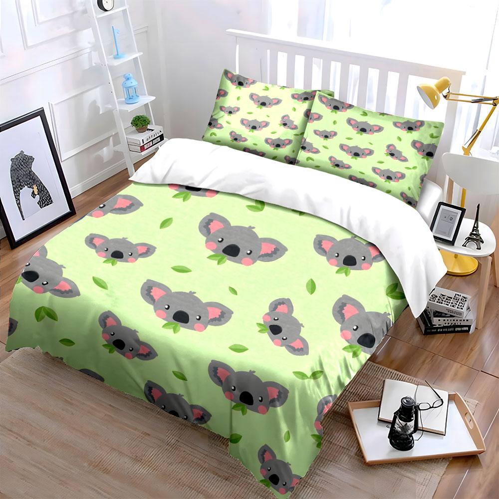 Cute Koala Pattern with Leaves Bedding Duvet Cover Set  (1*Duvet Cover 2*Pillowcases, without duvet insert)