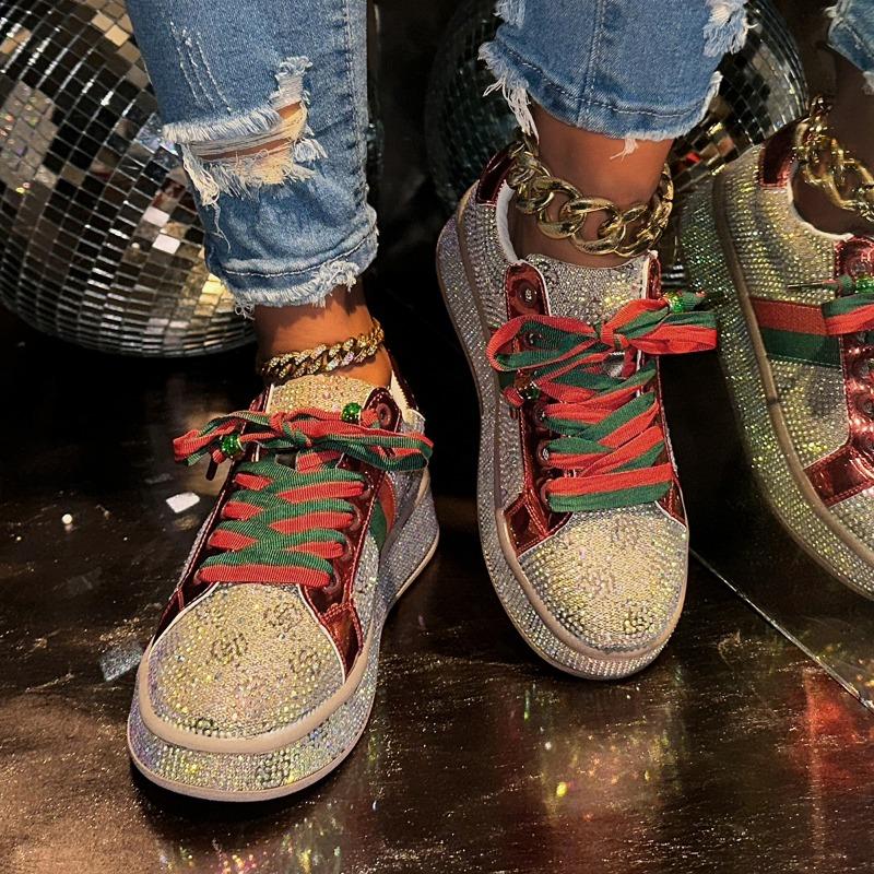 Fashion Women Trend Platform Sneakers Lace Up Rhinestone Casual Shoes Fashion Shiny Ladies Shoes High End Luxury Designer Shoes