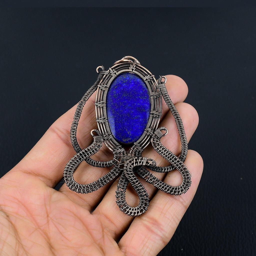 Lapis Lazuli Pendant Handmade Gemstone Jewelry, 999 Copper Wire Wrapped Pendant ,Unique Design Jewelry Pendant