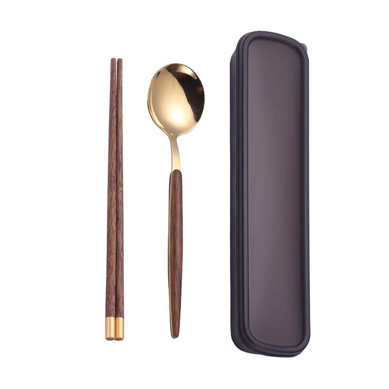 Stainless Steel Portable Tableware Wooden Chopsticks Spoon Fork Set Student Outdoor Picnic Convenience Box Three-piece Set