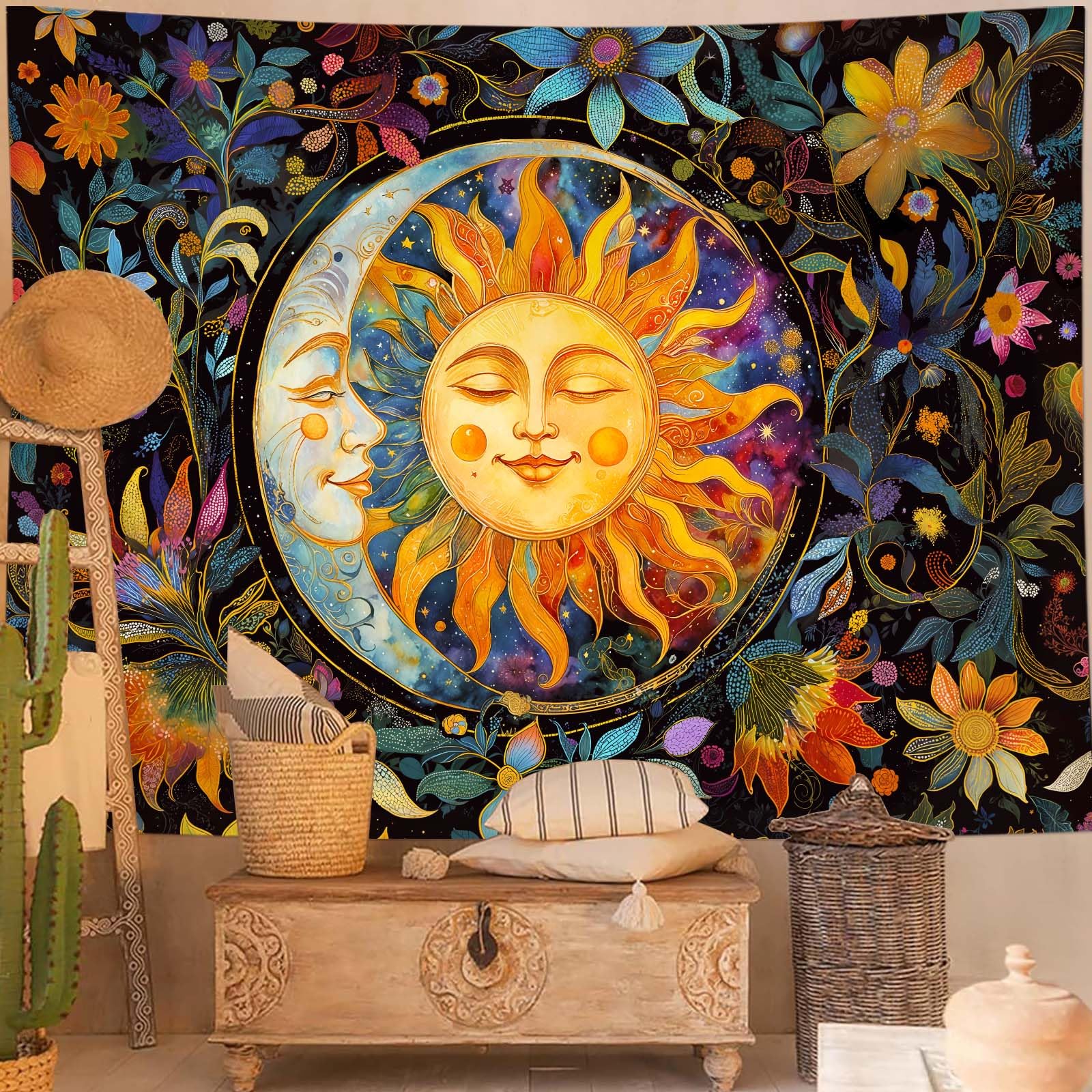 Mystical Moon Phase Butterfly Tapestry, Floral & Celestial Print with Wildflowers, Wall Decor for Nature & Witchy Rooms 70x100CM