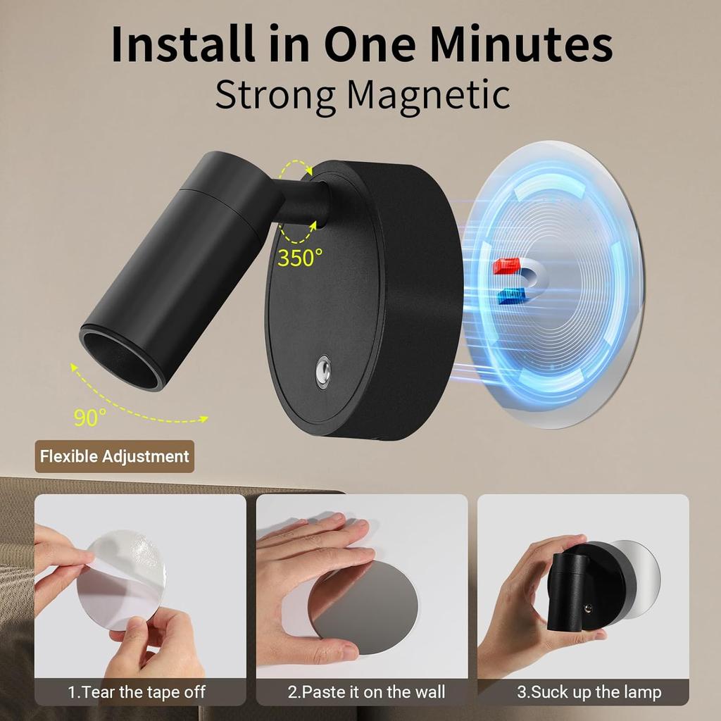 Rechargeable Powered 350°Adjustable Angle Spotlight Uplight Light Three-color Adjustable Touch Switch Control for Indoor Wall