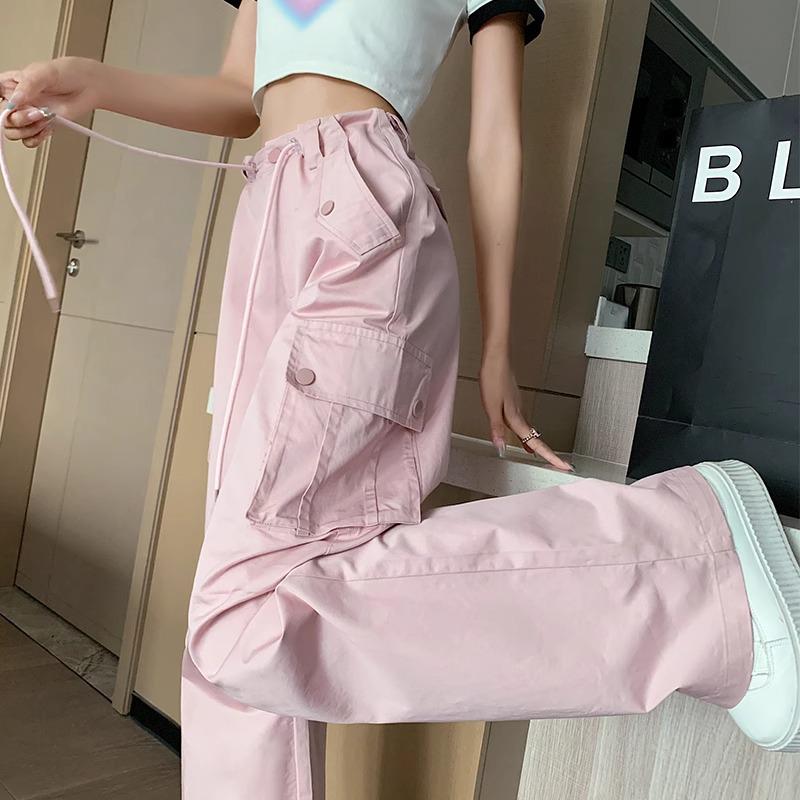 Women's High Waist Pink Cargo Pants - 2025 Spring Collection - Straight, Loose Wide Leg, Drape, and Casual Sports Style