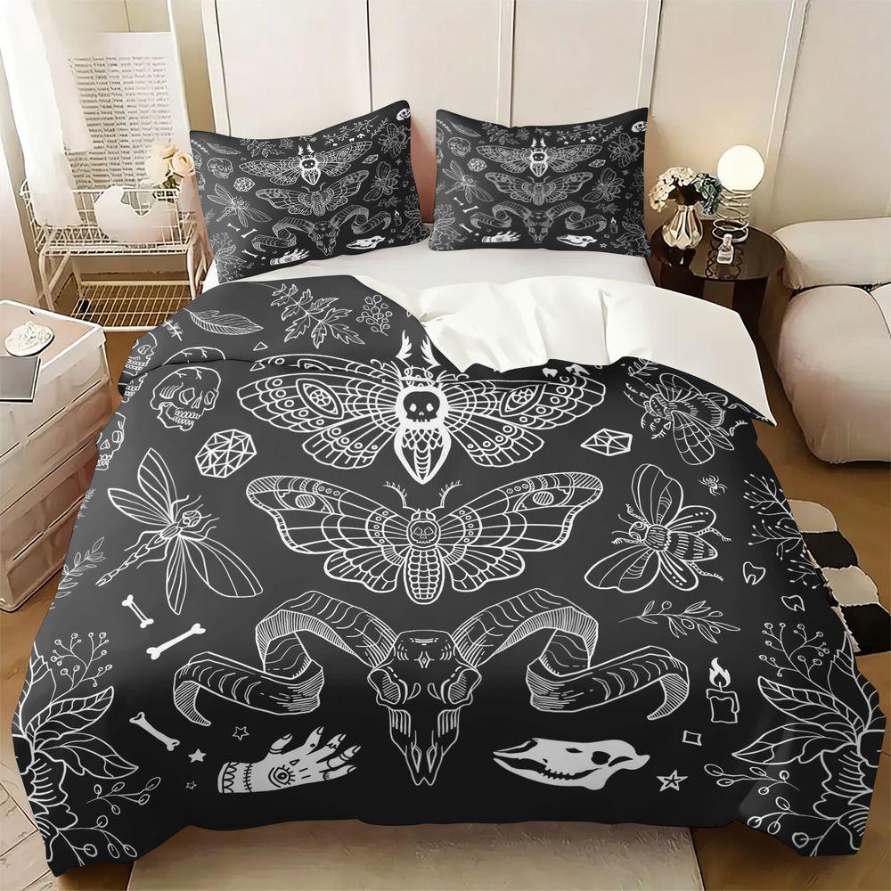 2/3Pcs Gothic Moth Skull Duvet Cover Set(1 Duvet Cover & 1/2 Pillowcase) Soft Bedding Set Aesthetic Dark Decor for Bedroom