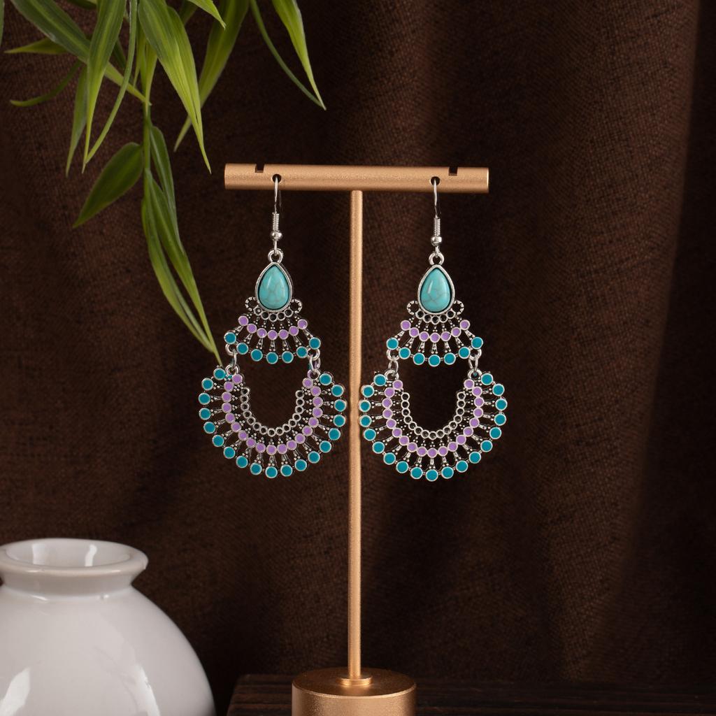 Ethnic Style Retro Bohemian Style Stud Earrings Colored Turquoise Fringed Water Drop Earrings Exotic Personality Niche Earrings