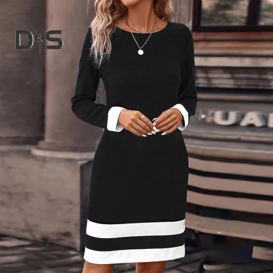 Women Elegant Pullover Dress Striped Print O Neck Long Sleeve Casual Dress Spring Autumn Mini Dress Slim Fit Dress