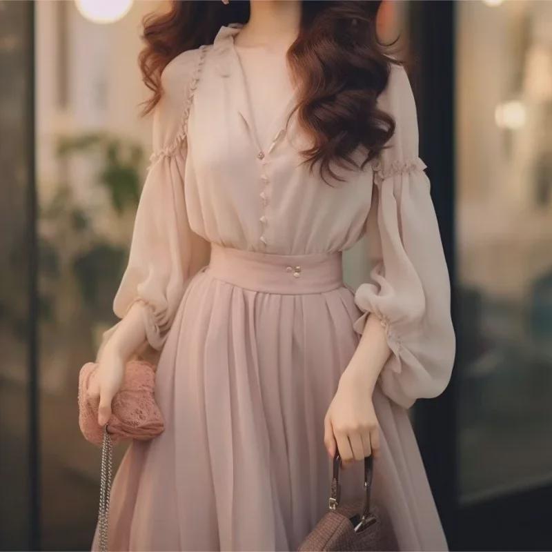 2024 Women's Elegant Lantern Sleeve Chiffon Two-Piece Set: Spring/Autumn Shirt & Skirt