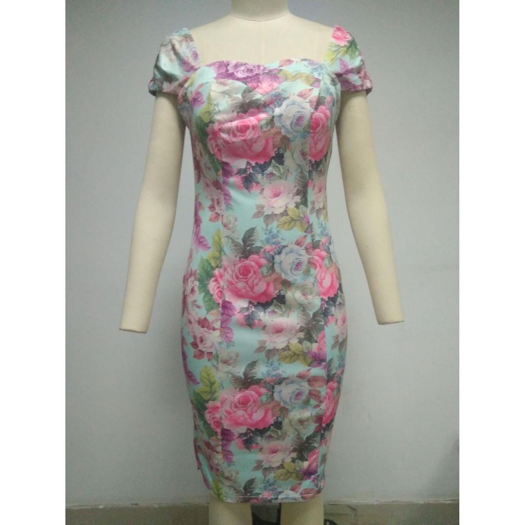 2020 Summer Rose Print Sweetheart Neck Scallop Shoulder Slimming Women's Dress