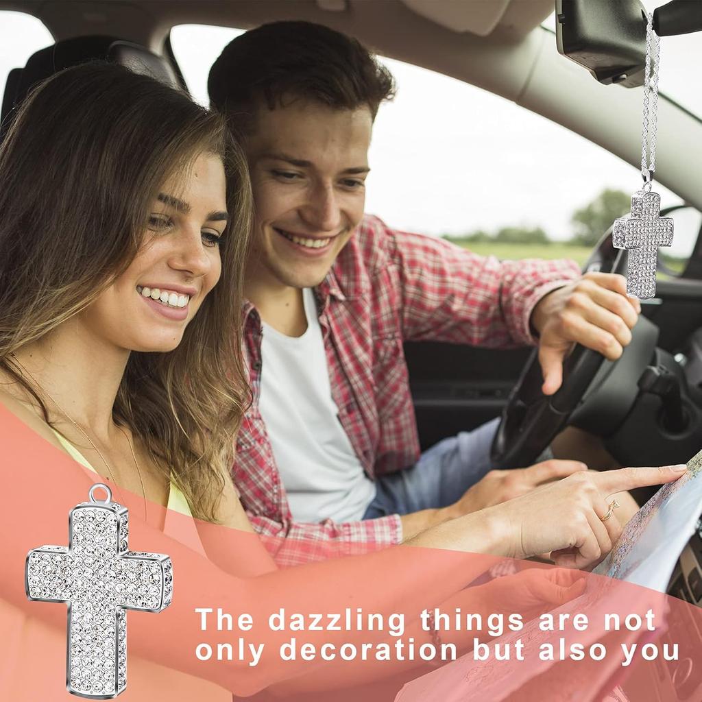PAGOW Bling Double-Sided Cross Car Accessories for Women - Crystal Diamond Metal Rearview Mirror Pendant - Cute Vehicle Interior Decor