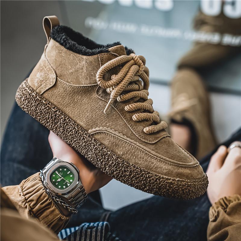 Snow Boots Men's Winter Fur Integrated Fleece Thickened Warm High-top Thick-soled Outdoor Fur Retro Cotton Shoes