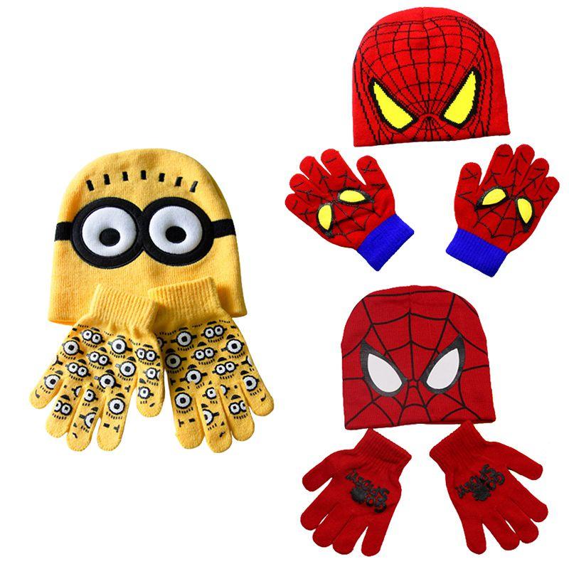 Minions Children Spiderman Cartoon Knitted Hat Gloves Winter Warm Suit Years 16