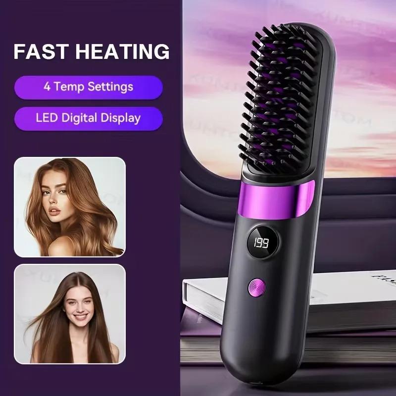 Wireless 2-in-1 Straightening Curling Comb Anti-Scald LED Display USB Rechargeable Portable for Home Travel All Hair Types 20.3*4.5CM
