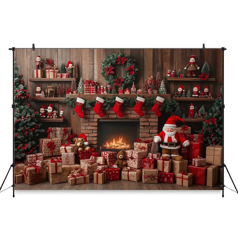 Mocsicka Christmas Photography Background Happy New Year Party Wooden Floor Wall Xmas Tree Bear Gift Decor Family Photo Backdrop
