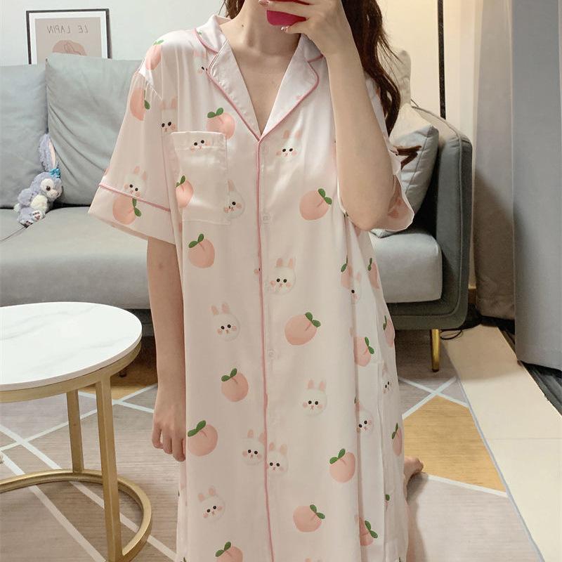 Simple And Sweet Summer Pajamas Women'S Short-Sleeved Lapel Cardigan Peach Print Loungewear Nightdress