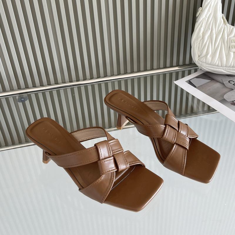 Fashion SUOJIALUN 2025 Summer New Brand Women Slipper Fashion Square Toe Slip On Ladies Slides Square High Heel Dress Sandal Shoes