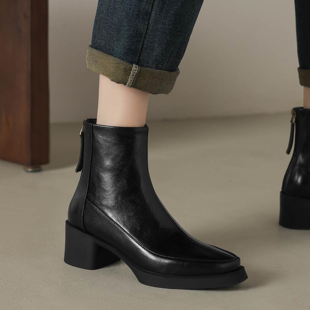 Krazing Pot Cow Skin Winter Round Toe Chunky Heels Motorcycle Boots Size 43 Zipper Women Platform Ankle Boots