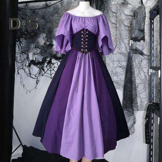 Women Halloween Dress Halloween Party Costume Flying Sleeve A-line Big Hem Contrast Color Patchwork Off Shoulder Pleated Tight Waist Medieval Vintage
