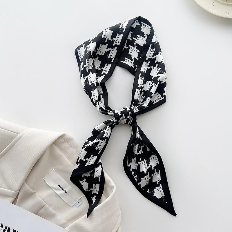 Korean Xiaoxiangfeng black and white silk scarf women's thin and narrow long simulated silk headband tied bag streamer spring and summer versatile