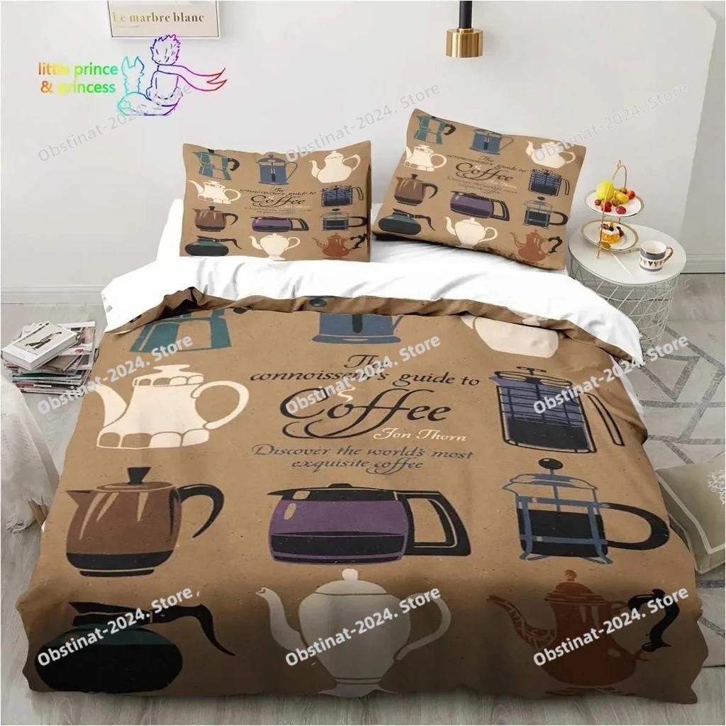 Coffee Pattern Bedding Set Printed Duvet Cover Sheet Pillowcase Bed Soft Quilt Cover Full Queen King Size Adult Kid Bedroom Gift
