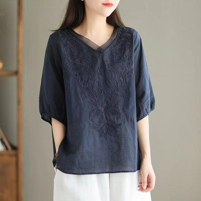 Solid Color Cotton and Linen Mid-sleeved Shirt Women's Summer V-neck Heavy Industry Embroidery Casual All-match Thin Cotton and Linen Shirt
