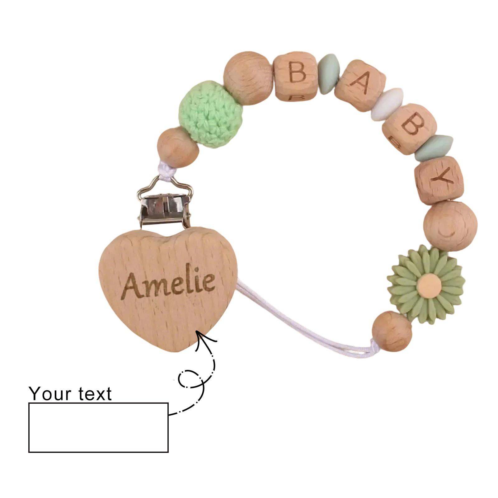 

Персонализированная гравировка на зажиме для детской соски, цепочка для детской соски, зажим для персикового дерева из бука, цепочка для прорезывания зубов One Size зелёный