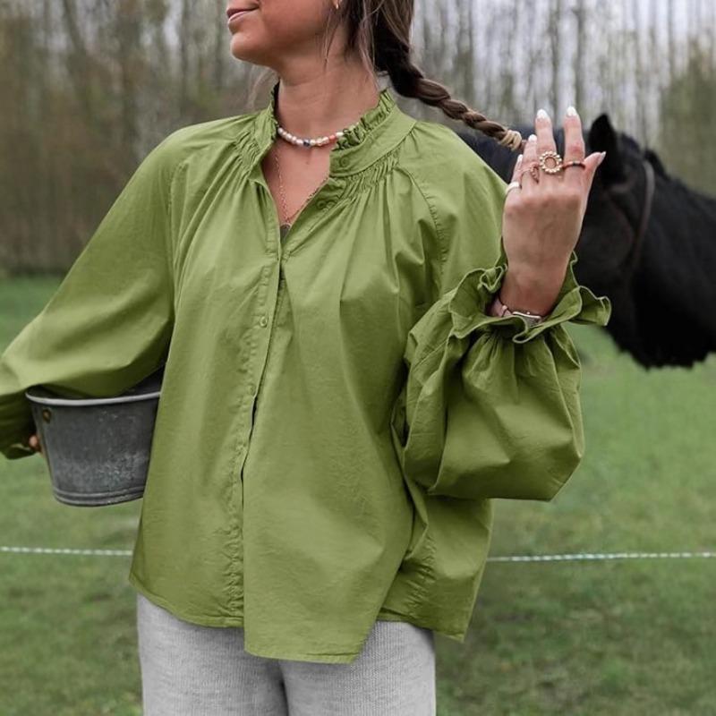 Spring and Autumn New Women's Elegant and Sweet Loose Casual Lantern Sleeve V-neck Ruffle Shirt
