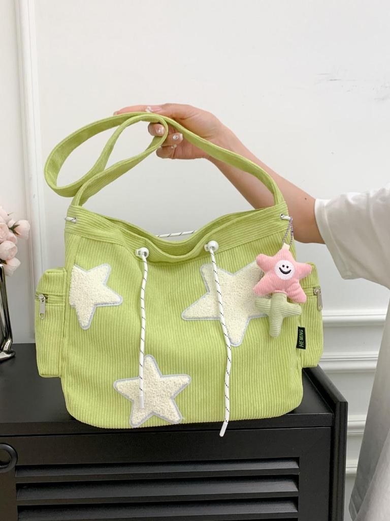 Grand Sac Cabas en Velours Côtelé pour Femmes avec Design Pentagramme - Bandoulière & Épaule Unique