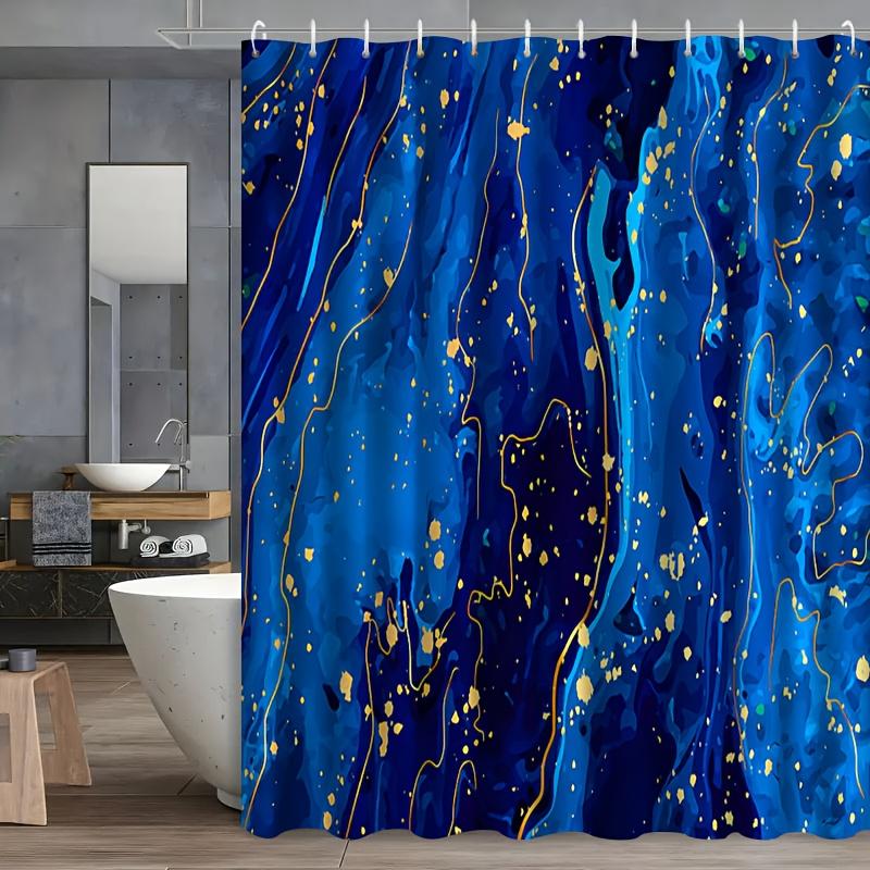 Abstract Blue And Gold Shower Curtain Marble Effect Golden Lines Waterproof Bath Decor Elegant Contemporary Bathroom Curtains