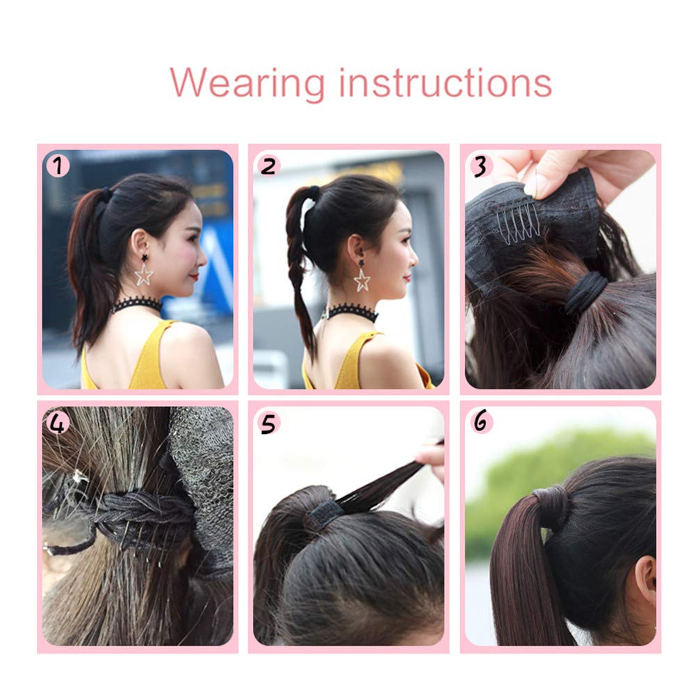 Remeehi Ponytail Velcro Heat Resistant Point Long Neckline Easy To Hair Natural Black Wig, Straight, Women's, Ponytail, Wig, Wig, Fluffy, Hair,