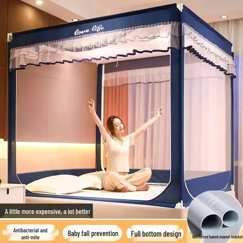 Cort cu plasă de țânțari cu închidere completă pentru copii, cu suport îngroșat și ușă cu trei fermoare, pentru pat