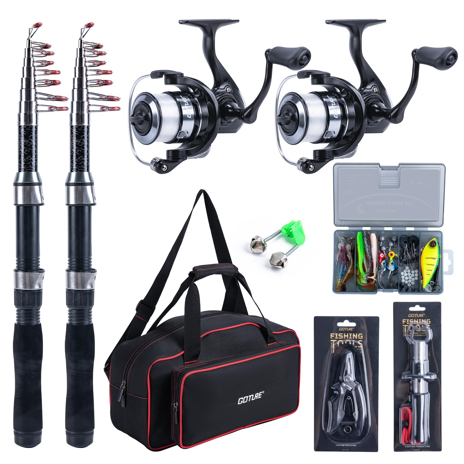 

Goture Fishing Carbon Telescopic Fishing Two Spinning Reels with Bait and Fishing Power Fish Fishing and Includes a Red and Black Carrying in Portable