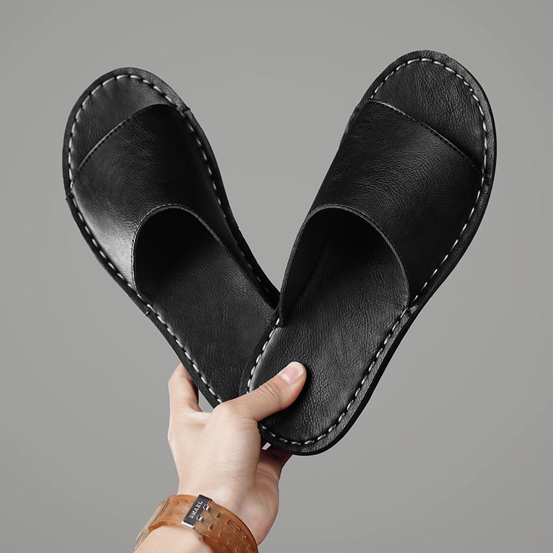 Fashion Men Genuine Leather Slipper Homes In Indoor Slipper Summer Open Toe Sandal Comfy Antiskid Soft Bottom Casual Walking Shoe
