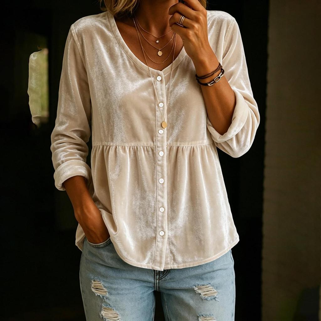 Women's Casual Velvet V-Neck Long Sleeve Top for Everyday Wear