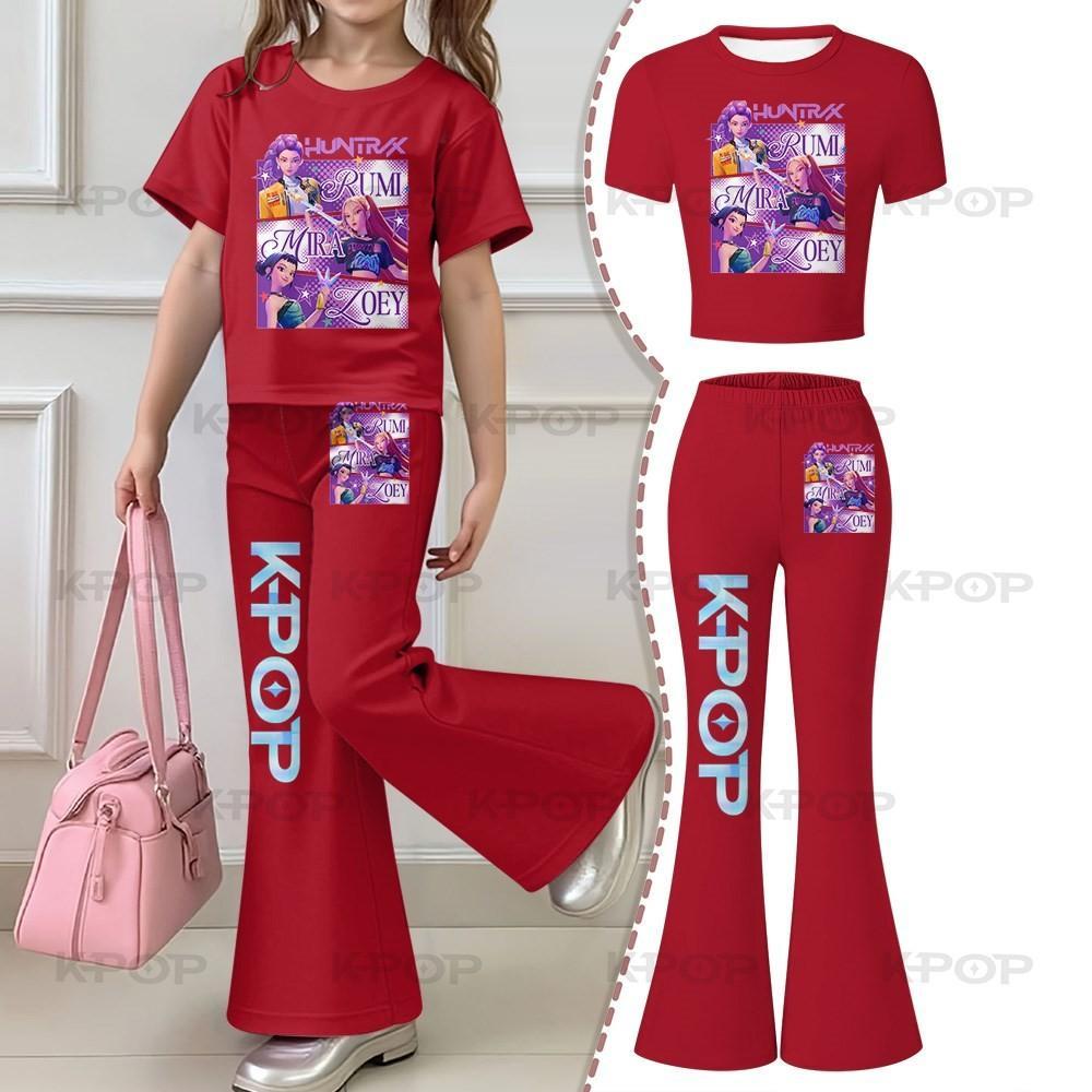2026 Children's Kpop Hunter Short Sleeve Set Girls' New Style, Regular Short Sleeve Top and Bell Bottom Pants Two Piece Set