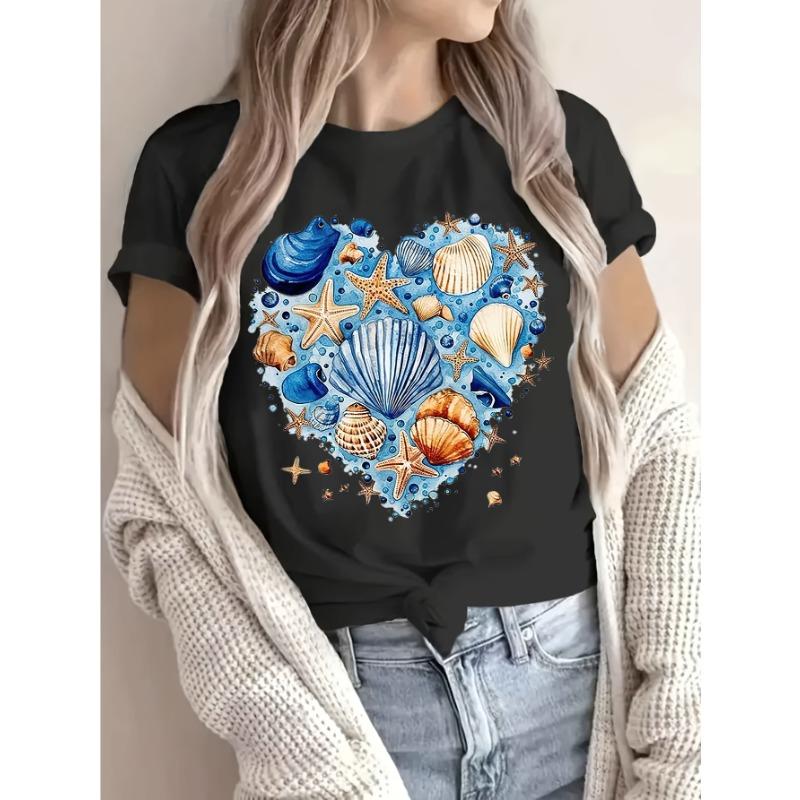 

European sizes Women S Casual Short Sleeve T-Shirt with Vibrant Ocean Shell Print - Soft, Round Neck, Lightweight & Breathable for Spring/Summer 4XL
