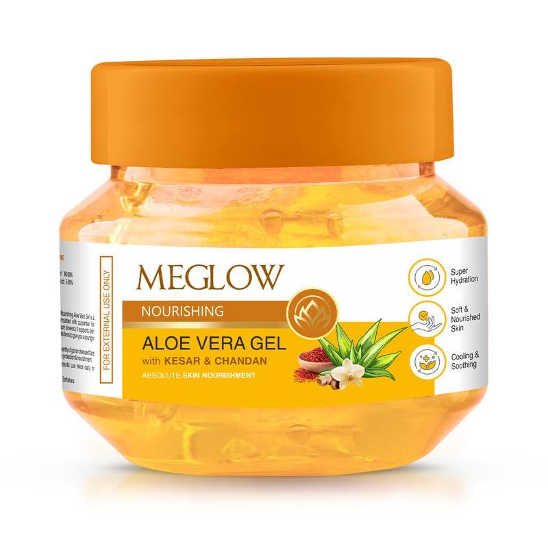 Meglow Nourishing Aloe Vera Gel with Kesar Chandan | Pure Aloe Vera, Kesar Chandan Gel | Organic Aloe Vera Gel for Face | Ayurvedic Formula for Ski