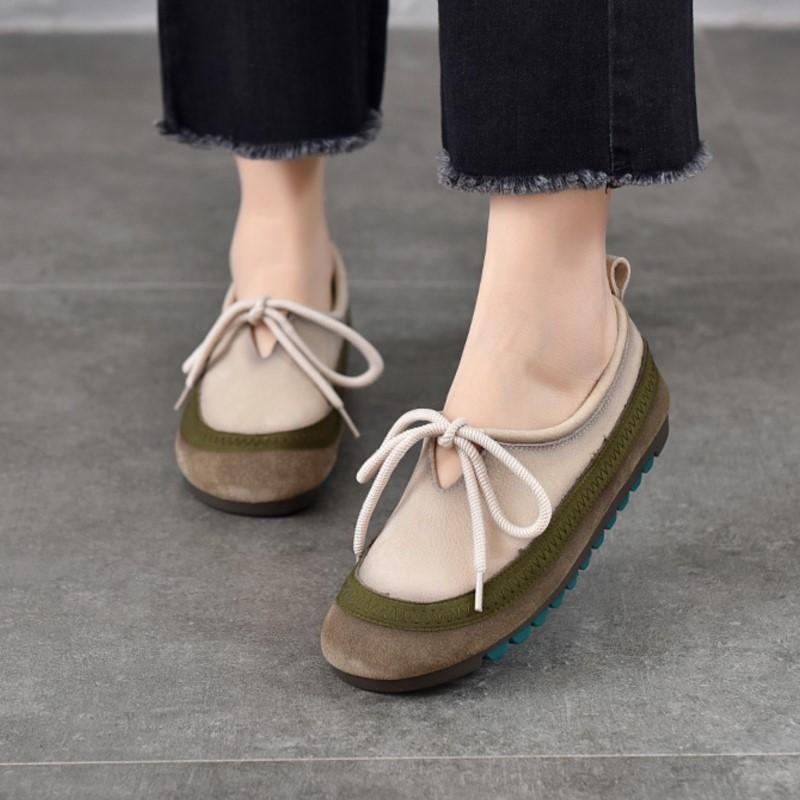 Johnature Soft Cowhide Women's Flat Shoes Genuine Leather Round Toe Mixed Colors Lace Up Casual Shoes