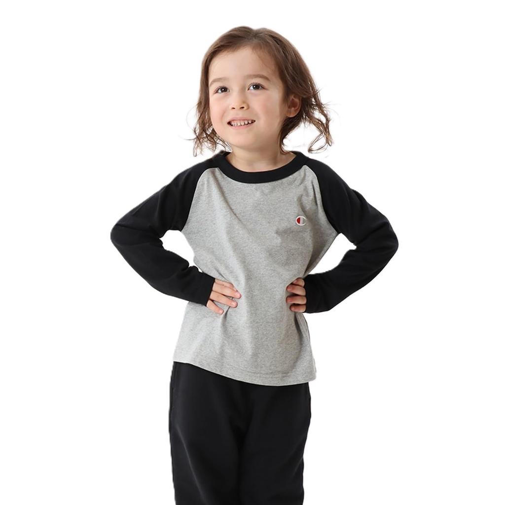 Champion Long Sleeve Crew Single Logo Raglan Long Sleeve O Gray X Size 140 Kids' T-Shirt, Neck, 100% Cotton, Embroidery, T-Shirt, CK-Y403, Black,